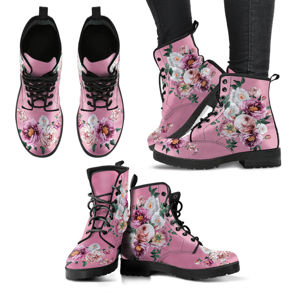 Combat Boots - Pink & White Flowers (Pink) | Blush Pink Flat