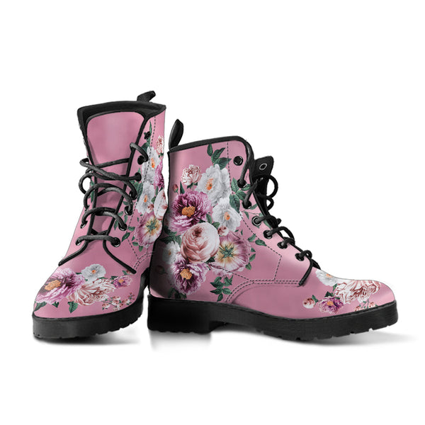 Combat Boots - Pink & White Flowers (Pink) | Blush Pink Flat