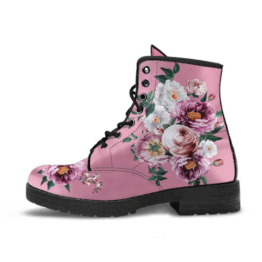 Combat Boots - Pink & White Flowers (Pink) | Blush Pink Flat