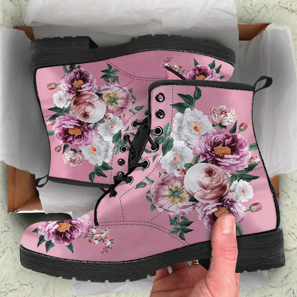 Combat Boots - Pink & White Flowers (Pink) | Blush Pink Flat