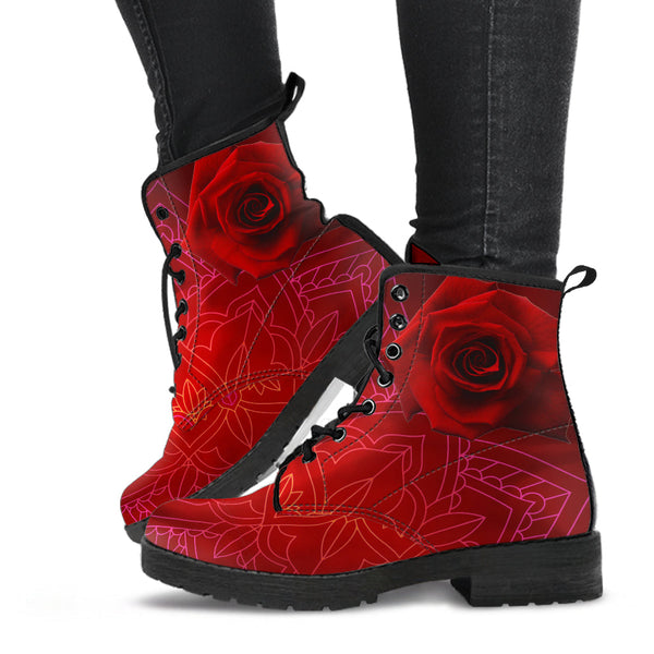 Combat Boots - Red Mandala | Handmade Lace Up Boots Vegan