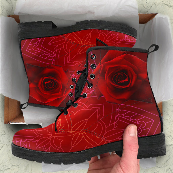 Combat Boots - Red Mandala | Handmade Lace Up Boots Vegan