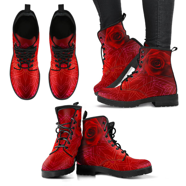 Combat Boots - Red Mandala | Handmade Lace Up Boots Vegan