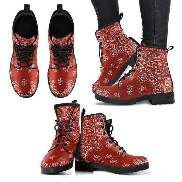 Combat Boots - Red Paisley Design | Red Boots Boho Shoes 