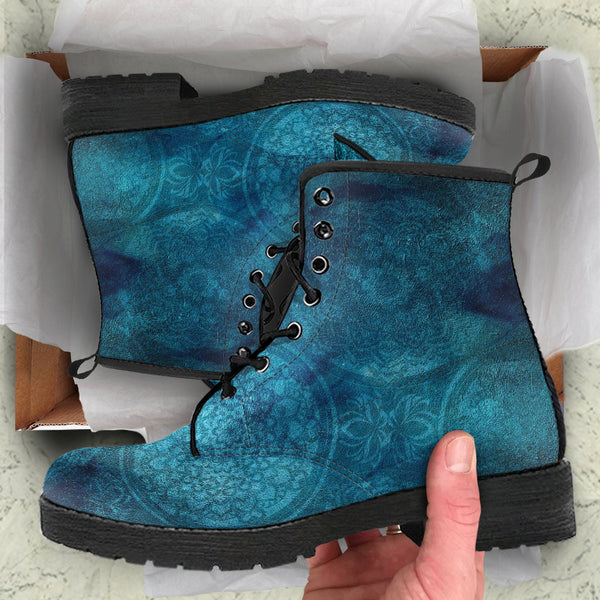 Combat Boots - Rugged Look Blue Mandala Boots | Custom Shoes