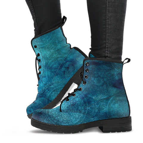 Combat Boots - Rugged Look Blue Mandala Boots | Custom Shoes