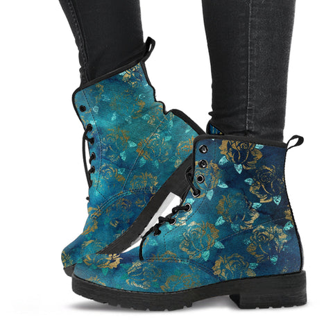 Combat Boots - Rugged Look Green Boots with Roses | Custom