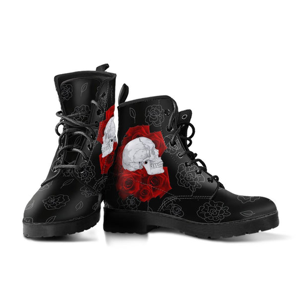 Combat Boots - Skulls and Red Roses | Black Boots Black 