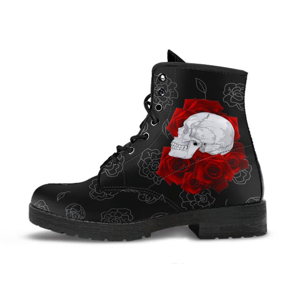 Combat Boots - Skulls and Red Roses | Black Boots Black 