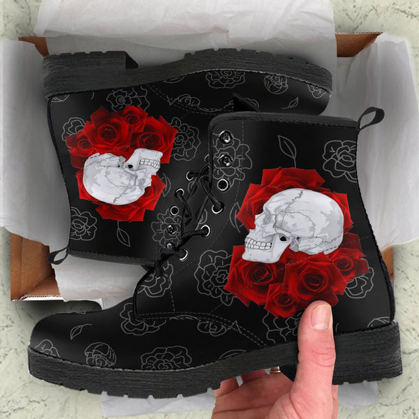 Combat Boots - Skulls and Red Roses | Black Boots Black 