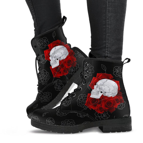Combat Boots - Skulls and Red Roses | Black Boots Black 