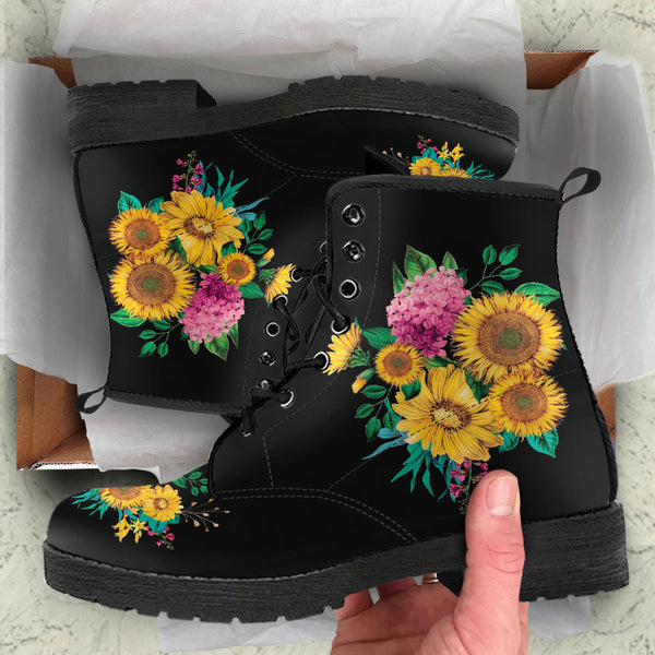Combat Boots - Sunflowers #11 | Women’s Black Boots Handmade