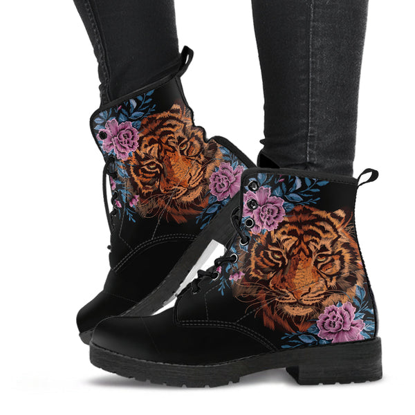 Combat Boots - Tiger & Flowers #1 | Women’s Black Hipster 