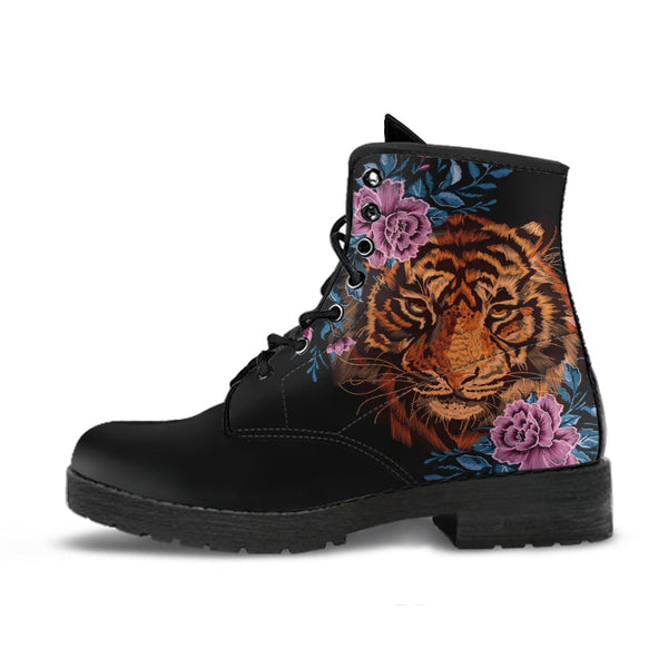 Combat Boots - Tiger & Flowers #1 | Women’s Black Hipster 