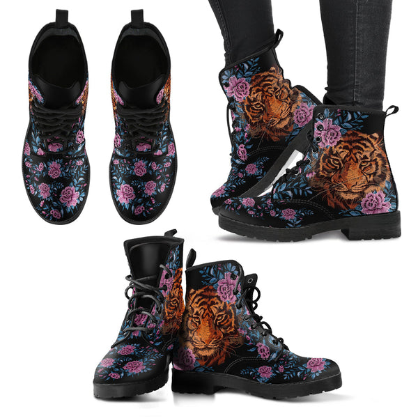 Combat Boots - Tiger & Flowers #2 | Women’s Black Hipster 