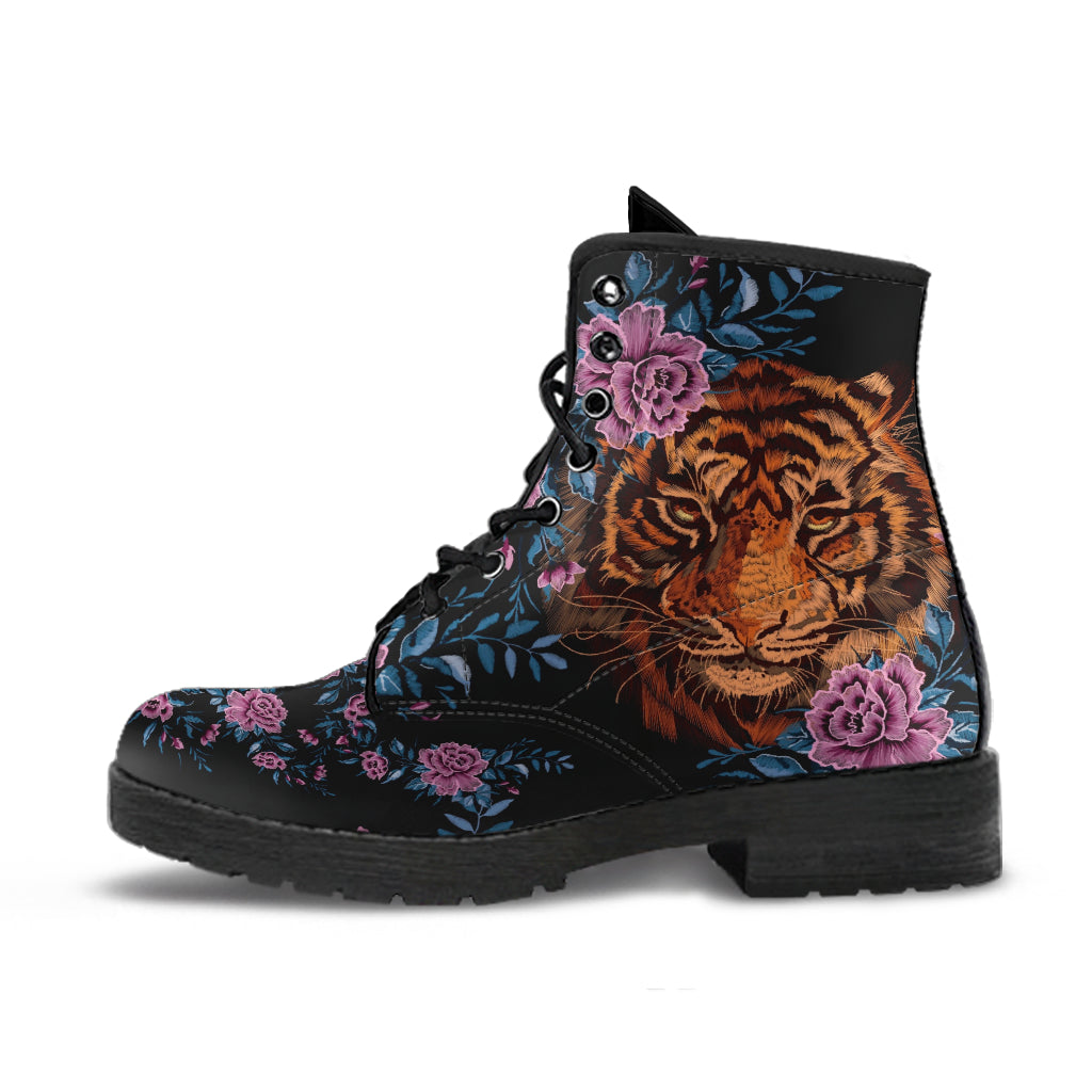 Combat Boots - Tiger & Flowers #2 | Women’s Black Hipster 