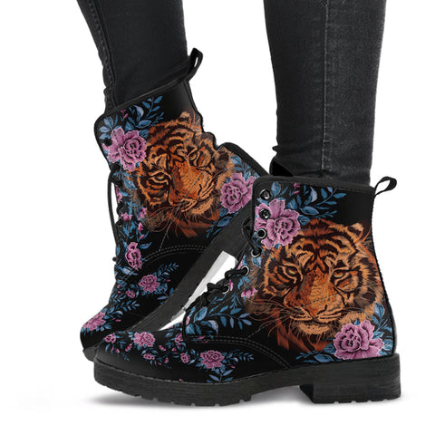 Combat Boots - Tiger & Flowers #2 | Women’s Black Hipster 