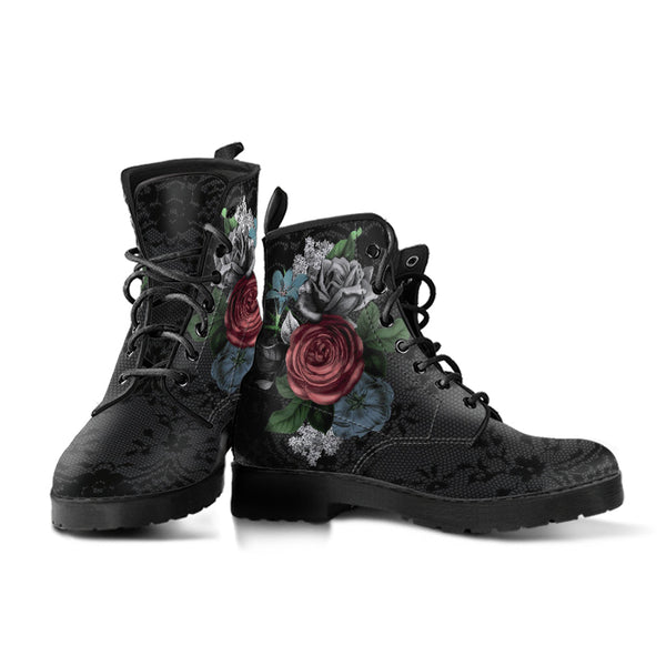 Combat Boots - Vintage Flowers with Black Lace Print