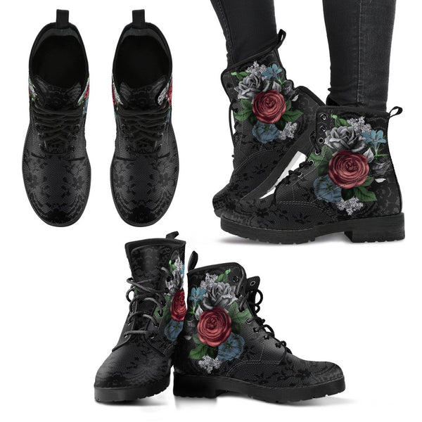 Combat Boots - Vintage Flowers with Black Lace Print | 