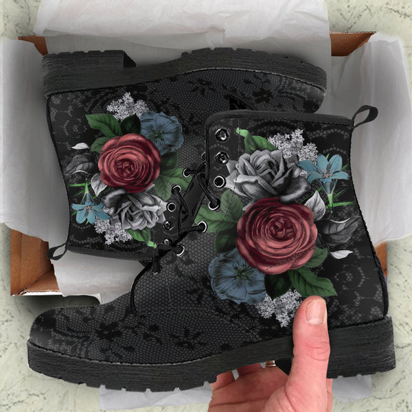 Combat Boots - Vintage Flowers with Black Lace Print