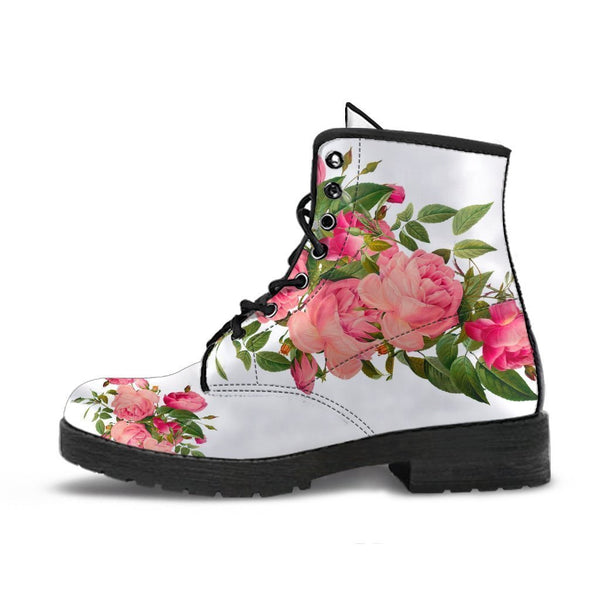 Combat Boots - Vintage Roses (White) | Vegan Leather Lace Up