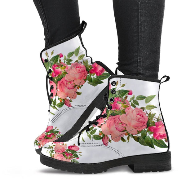 Combat Boots - Vintage Roses (White) | Vegan Leather Lace Up