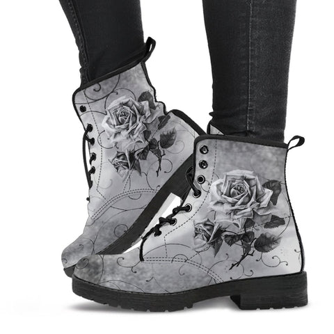Combat Boots - Vintage Style Black & White Roses | Vegan 