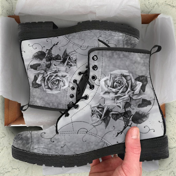 Combat Boots - Vintage Style Black & White Roses | Vegan 