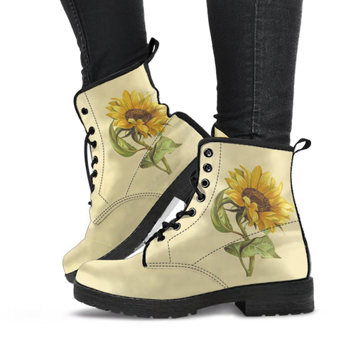 Combat Boots - Vintage Style Sunflower Shoes | Vegan Leather