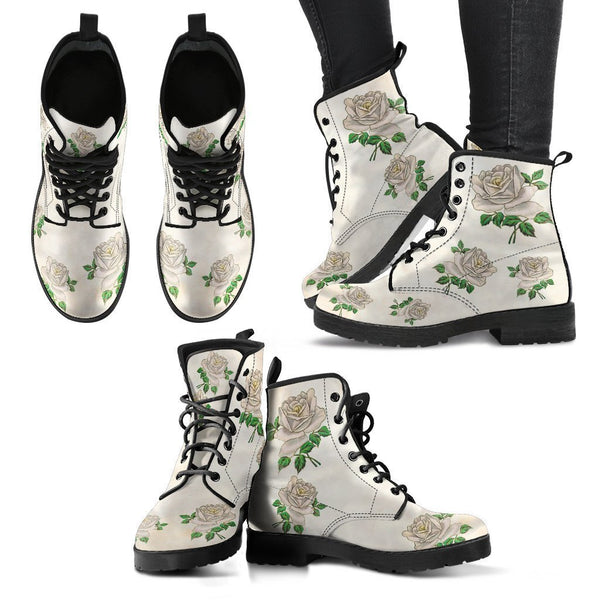 Combat Boots - Vintage Style White Roses | Vegan Leather 