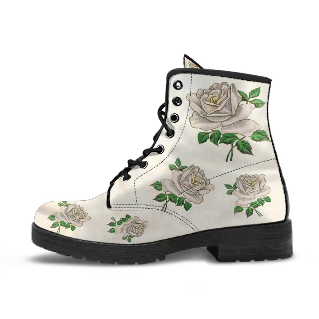 Combat Boots - Vintage Style White Roses | Vegan Leather 
