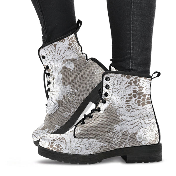 Combat Boots - White Lace Print #107 | Women’s Boots Custom 