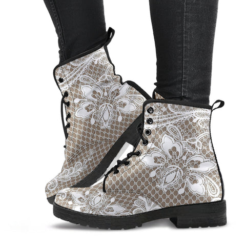 Combat Boots - White Lace Print #301B | Women’s Boots Custom