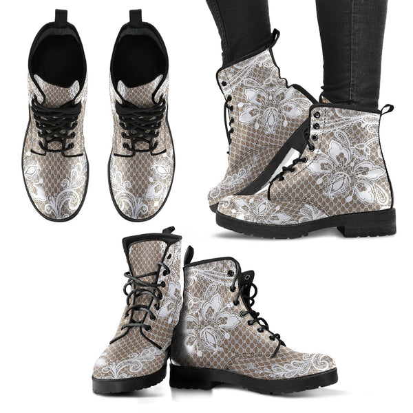 Combat Boots - White Lace Print #301B | Women’s Boots Custom