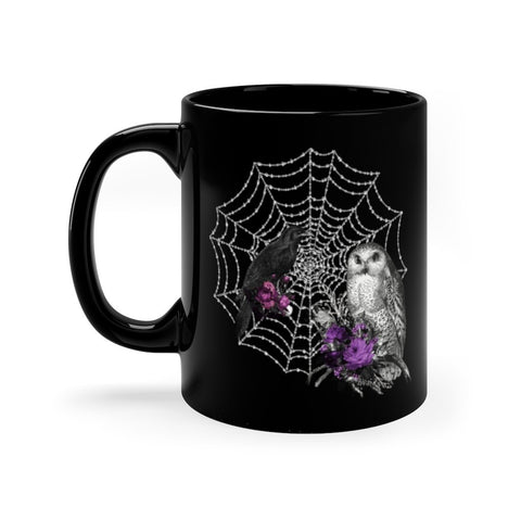 Custom Mug 11oz - Goth Mug Raven and Owl with Spiderweb Dark