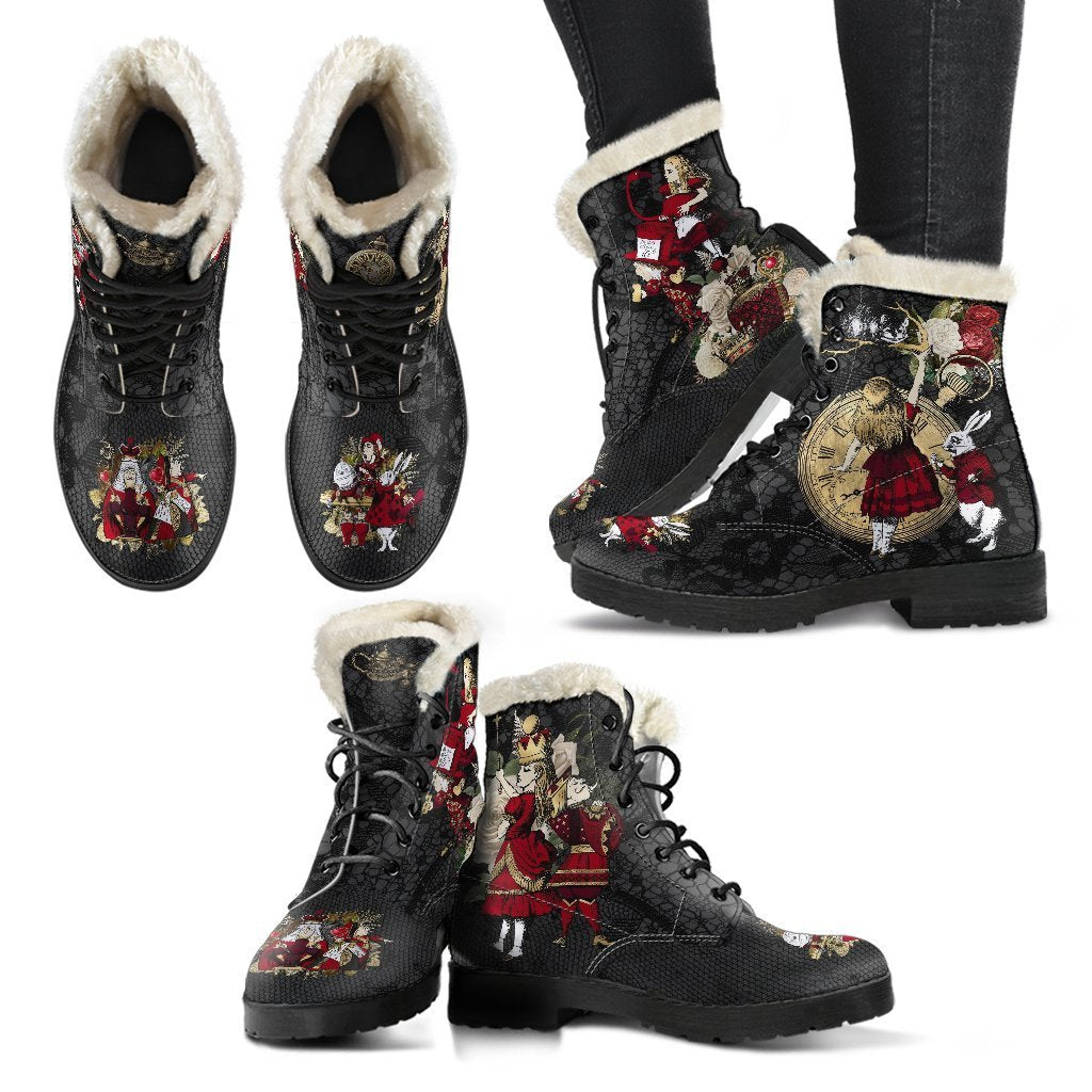 Faux Fur Combat Boots-Alice in Wonderland #34 Red Series 