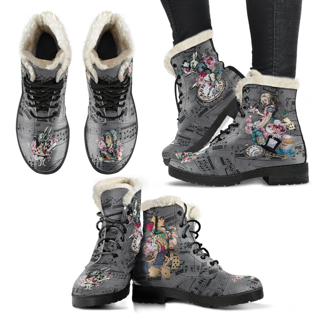 Faux Fur Combat Boots-Alice in Wonderland #44 Colorful 