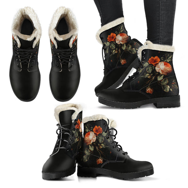Faux Fur Combat Boots - Distressed Vintage Flower Art | Boho