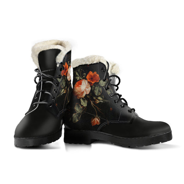 Faux Fur Combat Boots - Distressed Vintage Flower Art | Boho