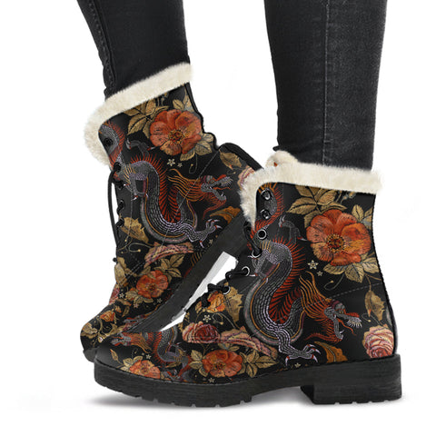 Faux Fur Combat Boots - Dragon & Flowers | Boho Shoes