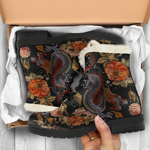 Faux Fur Combat Boots - Dragon & Flowers | Boho Shoes