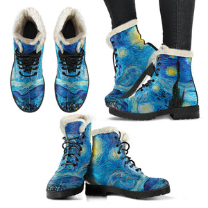Faux Fur Combat Boots - Vintage Art Vincent van Gogh: