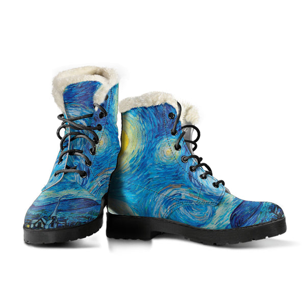 Faux Fur Combat Boots - Vintage Art Vincent van Gogh: