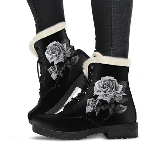 Faux Fur Combat Boots - Vintage Roses in Black and White |
