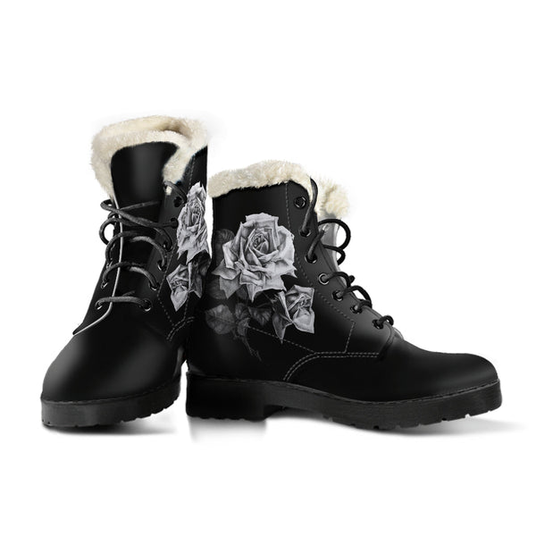 Faux Fur Combat Boots - Vintage Roses in Black and White |