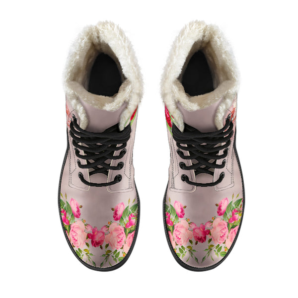 Faux Fur Combat Boots - Vintage Style Flowers #101 | Boho 