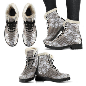Faux Fur Combat Boots - White Lace Print #201 | Women’s