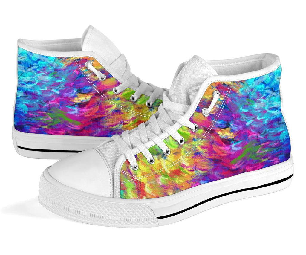 Rainbow Paint Spattered Men High Top Shoes, Lace Up Sneakers Black White Footwear Rave Canvas Streetwear Designer Gift Idea Black / US7.5 (EU41)