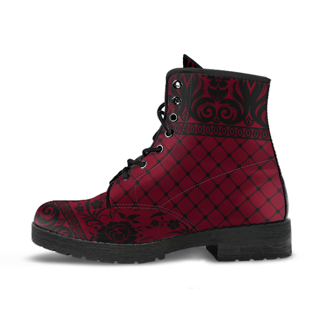 Maroon Combat Boots - Gothic Lace Print #110 | Custom Shoes