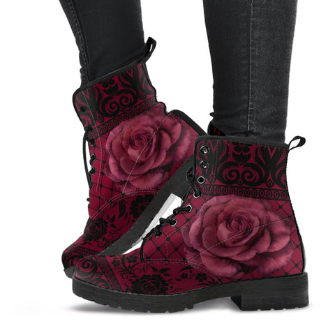Maroon Combat Boots - Gothic Lace Print #110 Roses | Custom
